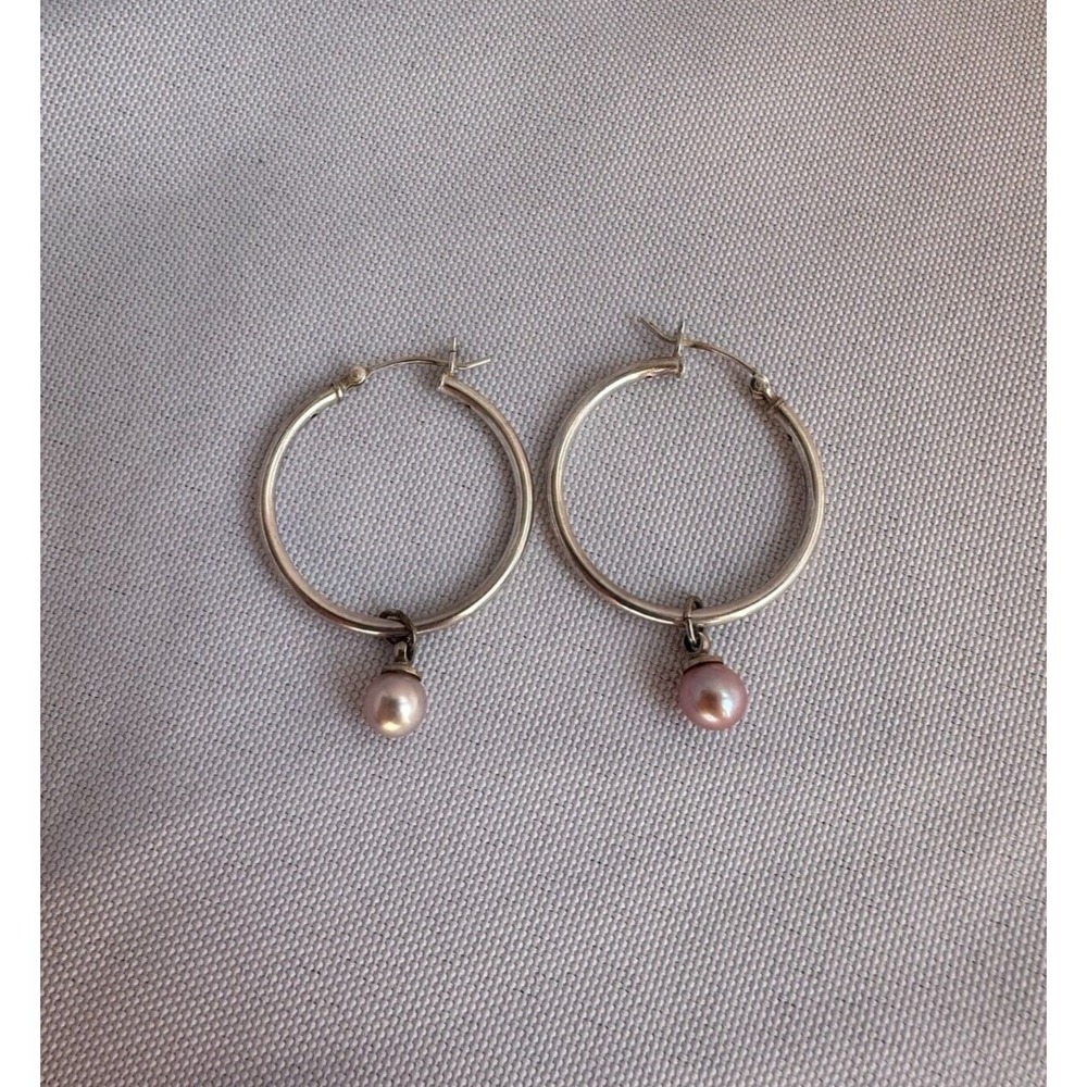 Sterling Silver Hoop Earrings with Pink Pearl